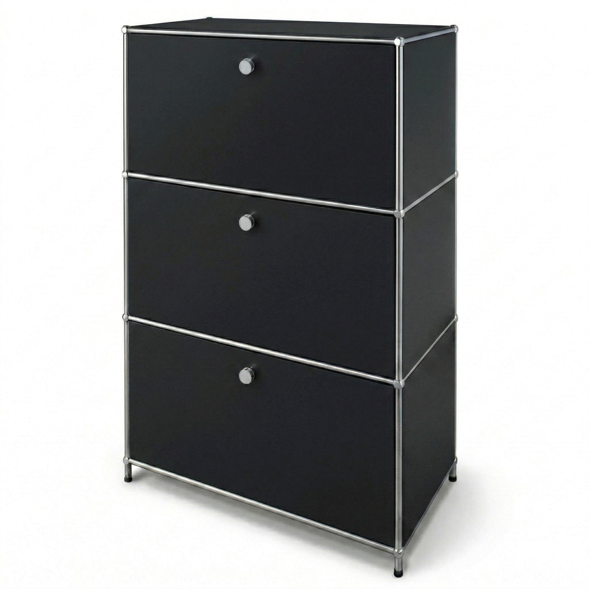 Étagère Métal Chromé Design Épuré, Concept Epuré Mk-129, Buffet 3 Compartiments Verrouillables, Noir