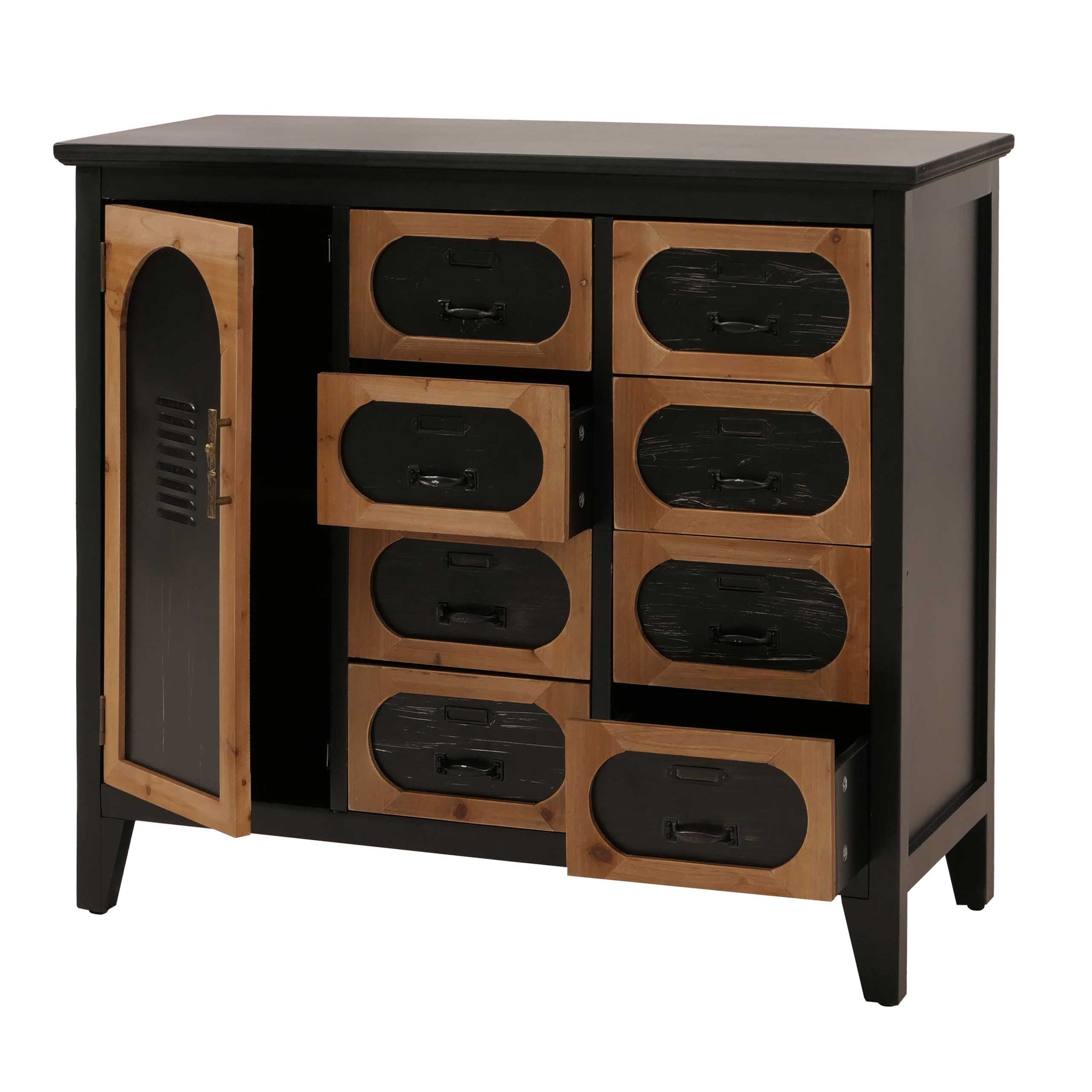 Décoshop26 - Commode Vintage Industrielle 8 Tiroirs - Bois De Sapin Et Métal Noir - Compartiments Avec Porte - 40009120