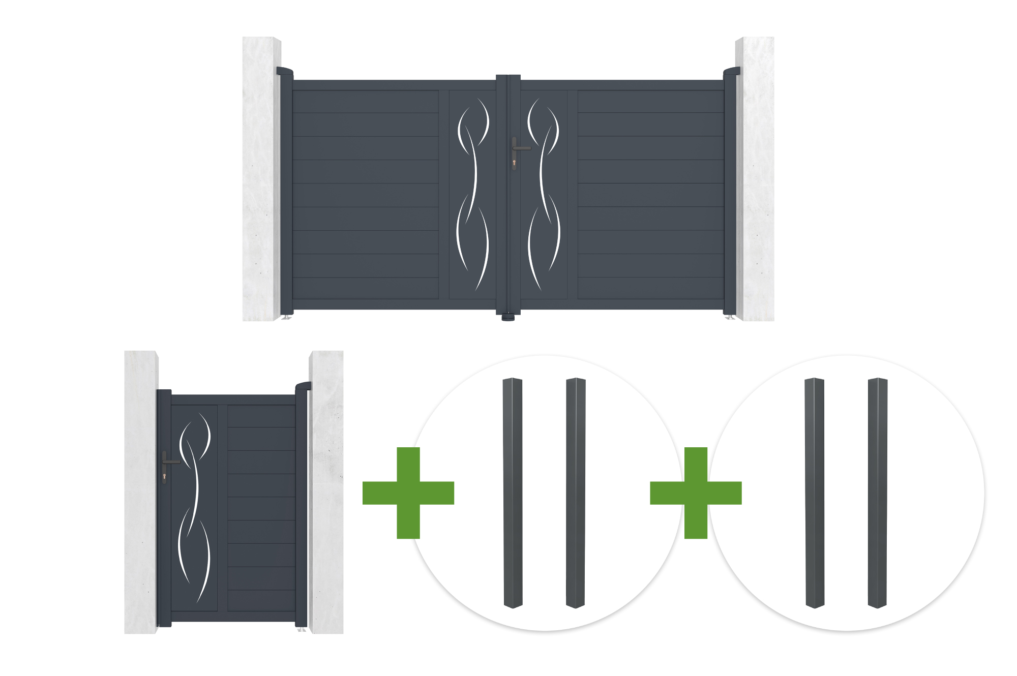 Portail Battant 3m Life H.160cm Aluminium Gris + Portillon 1m Life H.160cm + 4 Poteaux Elda