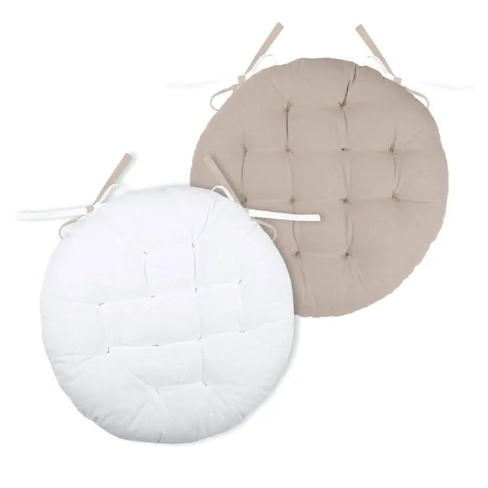 Ecru - Lin - Coussin de chaise rond réversible 38 cm