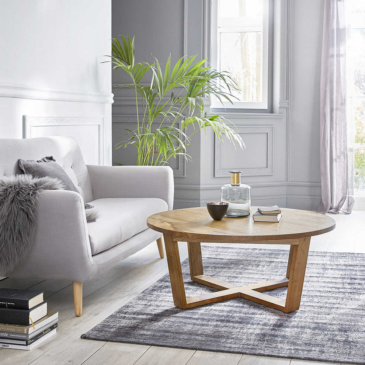 Berah Getah - Table Basse Ronde En Bois De Mindy Massif - Hauteur 40 Cm - Diamètre 100 Cm - Pieds Croisés Design - Garantie 5 Ans