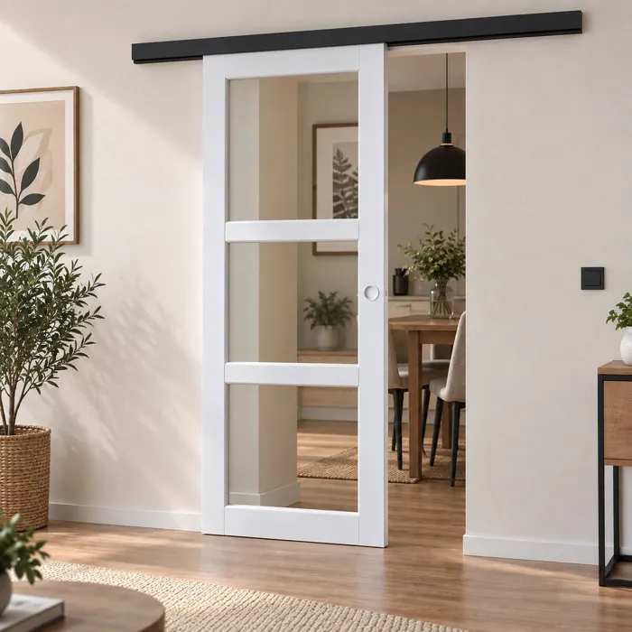 Porte Coulissante Kenya Blanc Vitrage Transparent H204 X L73 Cm, Rail Alu Bandeau Noir, Coquilles Blanc Gd Menuiseries