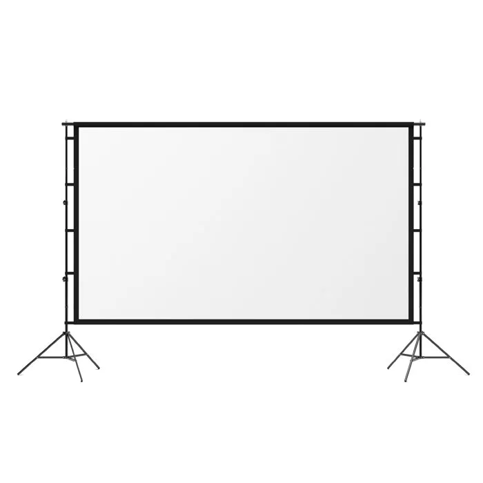 Écran 100 pouces 4K HD 16:9 sur trépied réglable, intérieur/extérieur.
