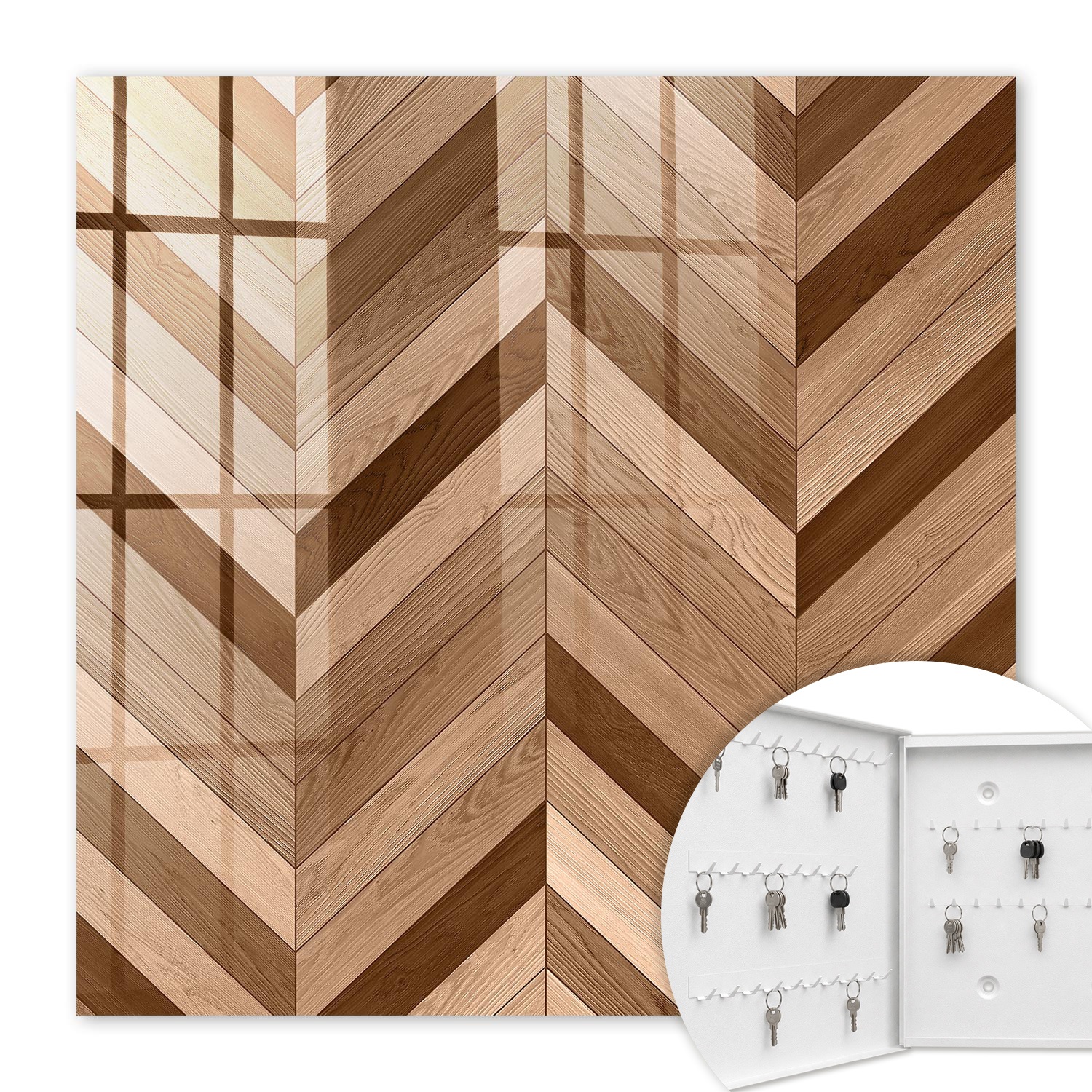Armoire À Clés - (30 Cm X 30 Cm) - Boîte À Clés Murale - Coffret De Rangement Pour Clés - Couleur Blanche - Ouverture Vers La Gauche - Pour Maison Et Bureau - Chevrons En Bois