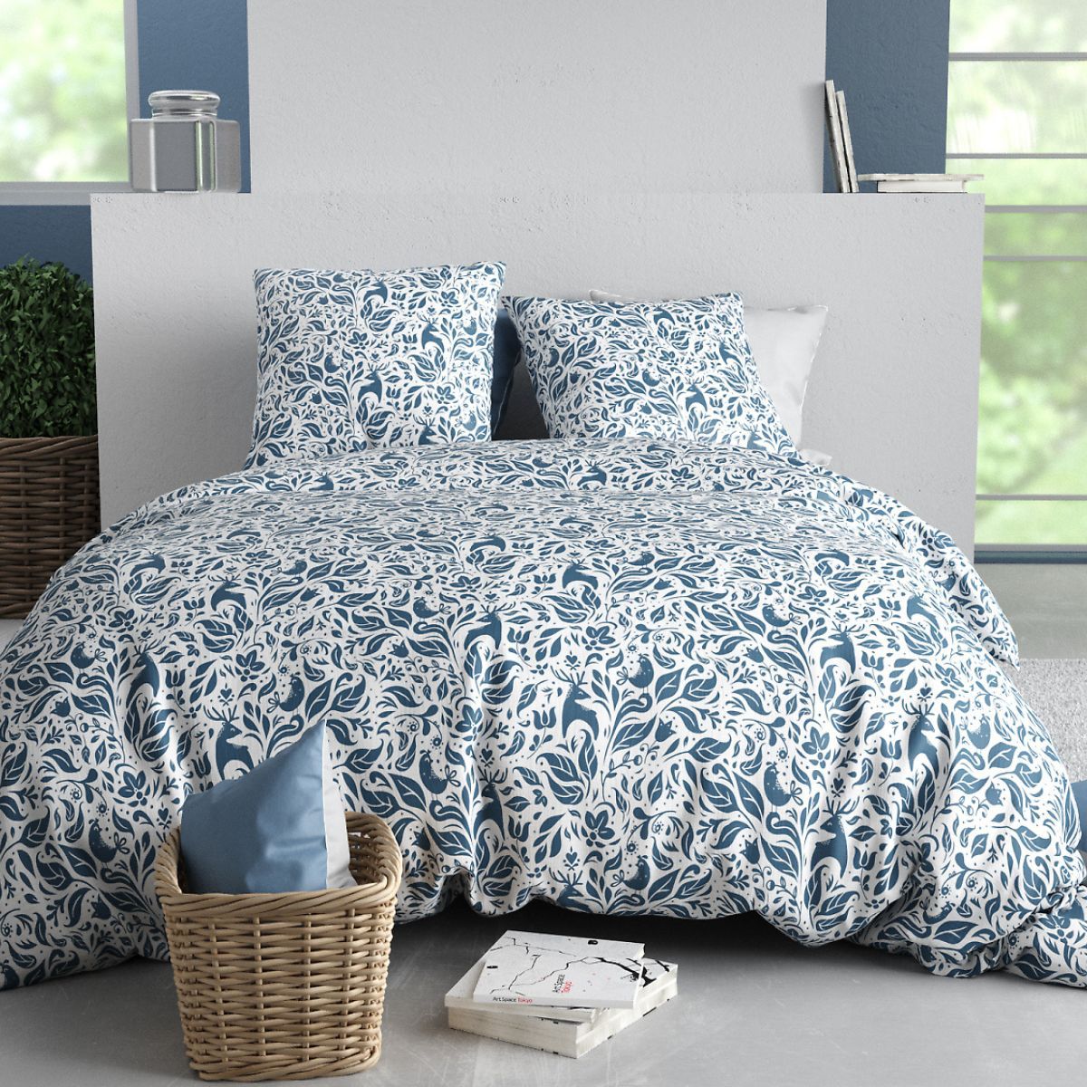 Parure Housse De Couette 240x220cm + 2 Taies Motif Bucolique Bleu 100% Coton - Bulma