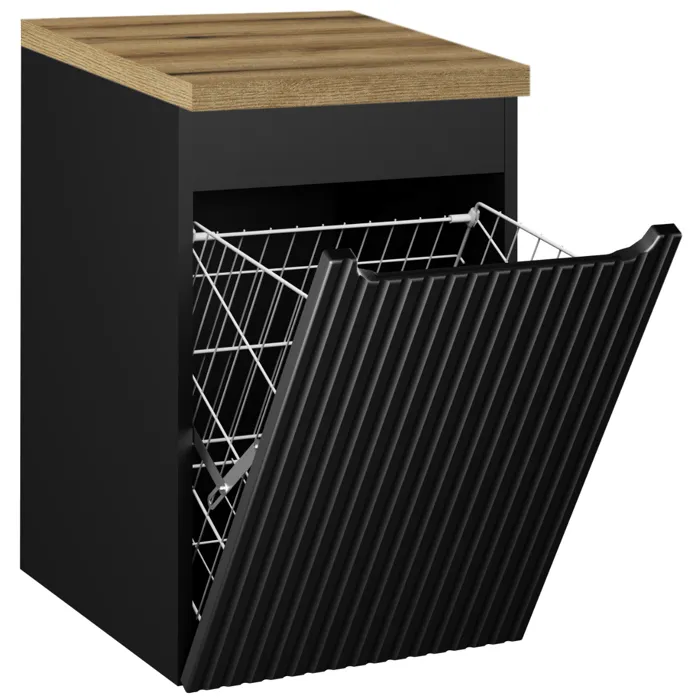 Meuble bas de salle de bain NOVA NOIR avec panier à linge et plan CHÊNE 40 cm