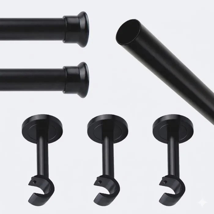 Kit de tringle à rideaux Noir Mat 300cm Diam.20mm Embout Chapeau - Fixation Mur - Boulet