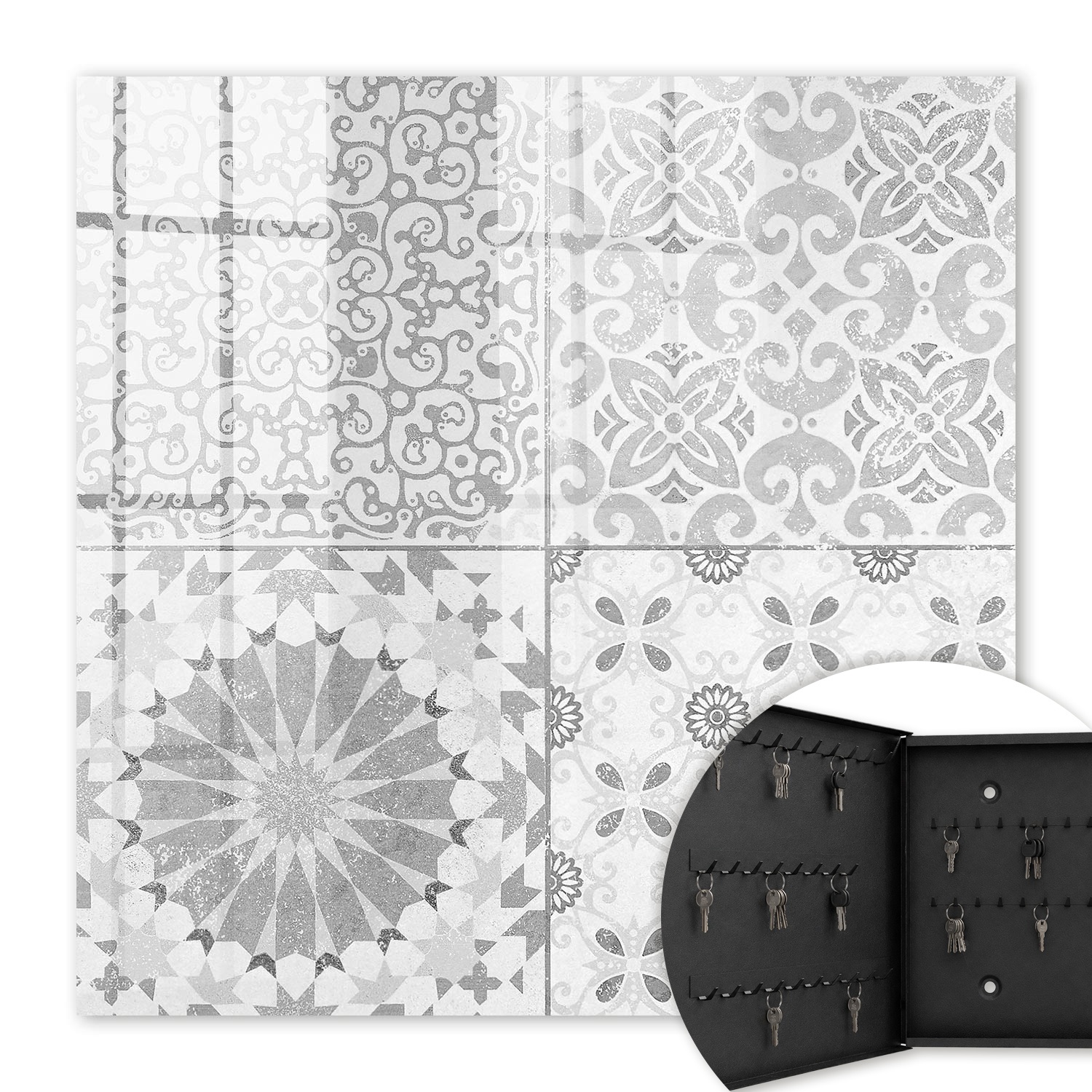 Armoire À Clés - (30 Cm X 30 Cm) - Boîte À Clés Murale - Coffret De Rangement Pour Clés - Couleur Noire - Ouverture Vers La Gauche - Pour Maison Et Bureau - Motifs Géométriques