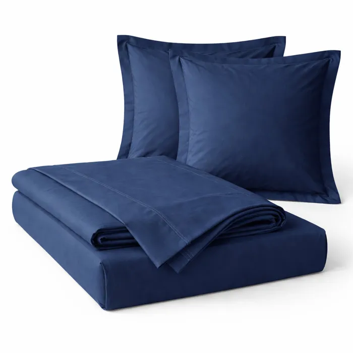 Parure De Drap 4 Pièces En Coton 57 Fils 140 X 190 Cm Bleu - Drap-housse, Drap Plat Et 2 Taies D'oreiller