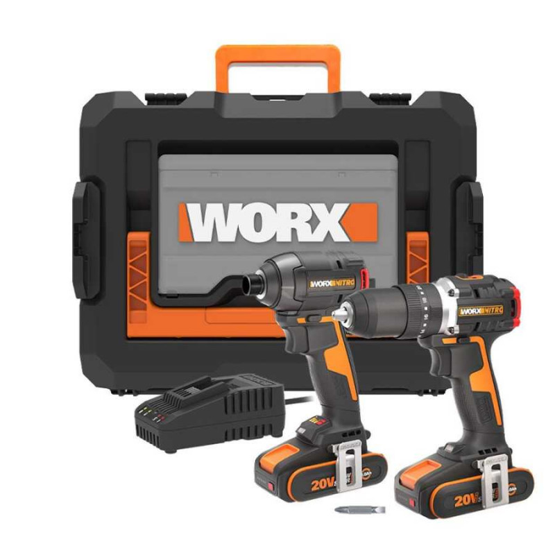 Ensemble Perceuse-visseuse Sans Fil Worx Wx355.9 Et Visseuse À Chocs 20 V Wx265 Avec Batteries Et Chargeur Pour Travaux Intensifs