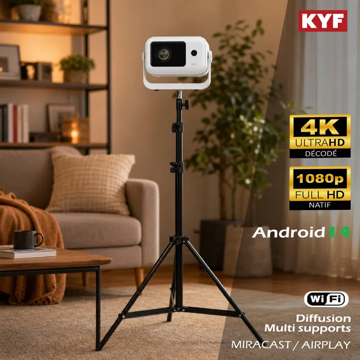 Pack vidéoprojecteur Full HD Android 14 avec trépied télescopique 210 cm