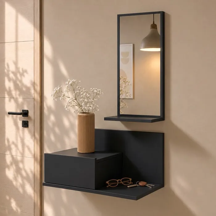 Meuble D'Entrée 1 Tiroir Avec Miroir Console D'Entrée Vestiaire Finition En Couleur Noir Mate 60x85,5x30cm Modèle Isabela