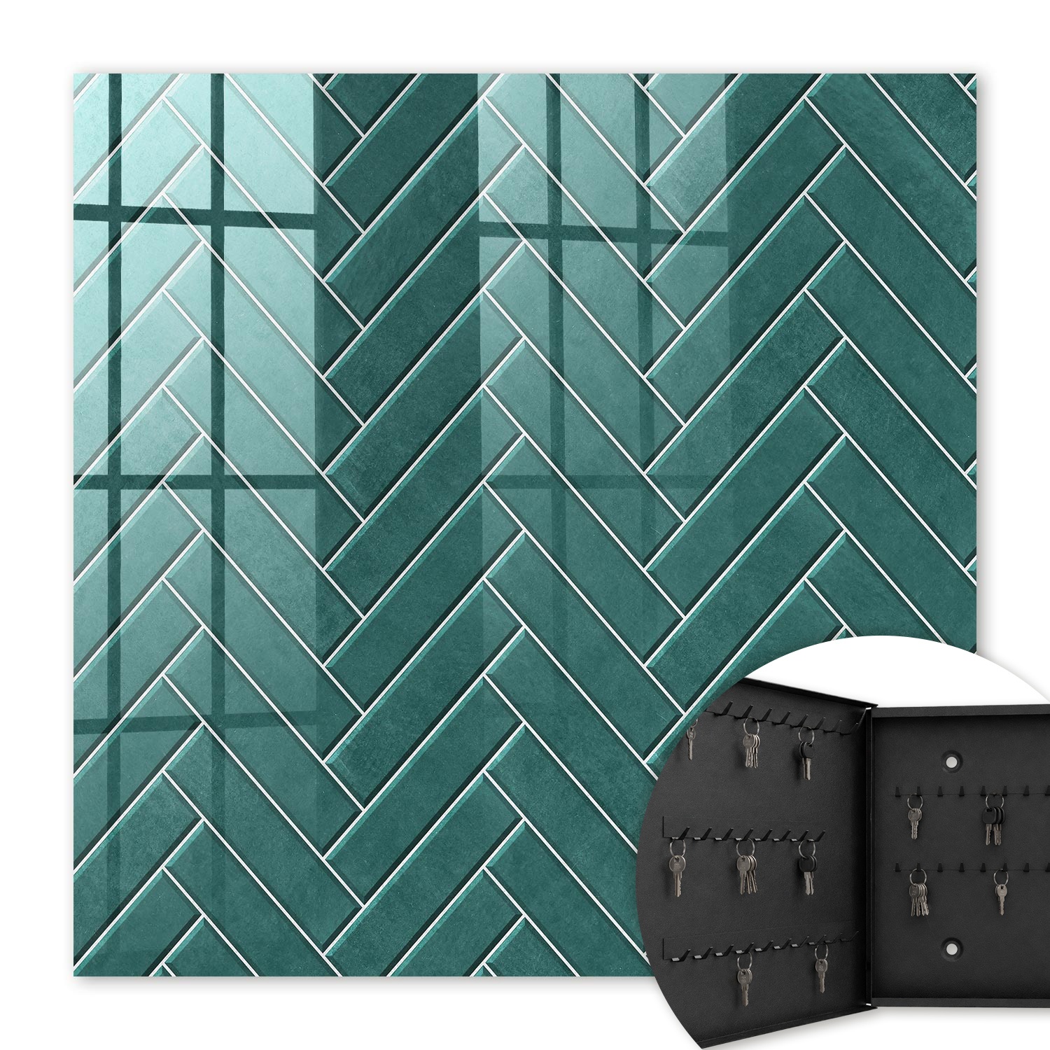 Armoire À Clés - (30 Cm X 30 Cm) - Boîte À Clés Murale - Coffret De Rangement Pour Clés - Couleur Noire - Ouverture Vers La Gauche - Pour Maison Et Bureau - Motif À Chevrons Turquoise
