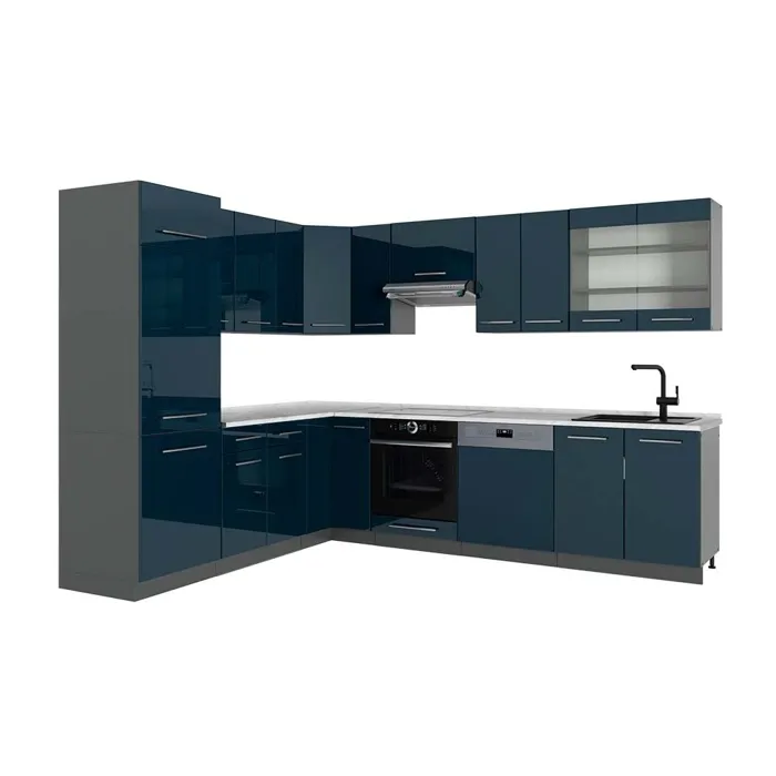 Vicco Cuisine en angle Bleu foncé brillant/Anthracite 287 x 227 cm, PT Marbre