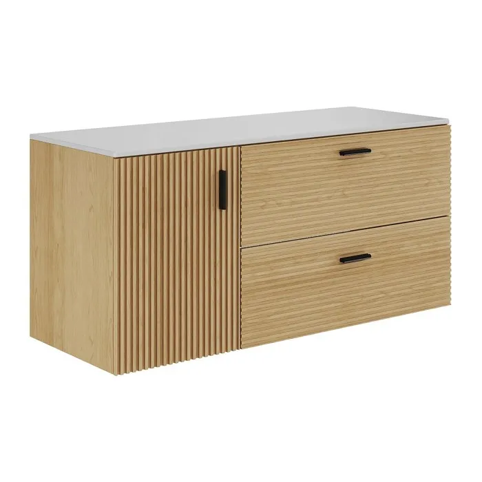 Meuble sous vasque suspendu strié avec planche - 1 porte et 2 tiroirs - Naturel clair - 120 cm - SARONE