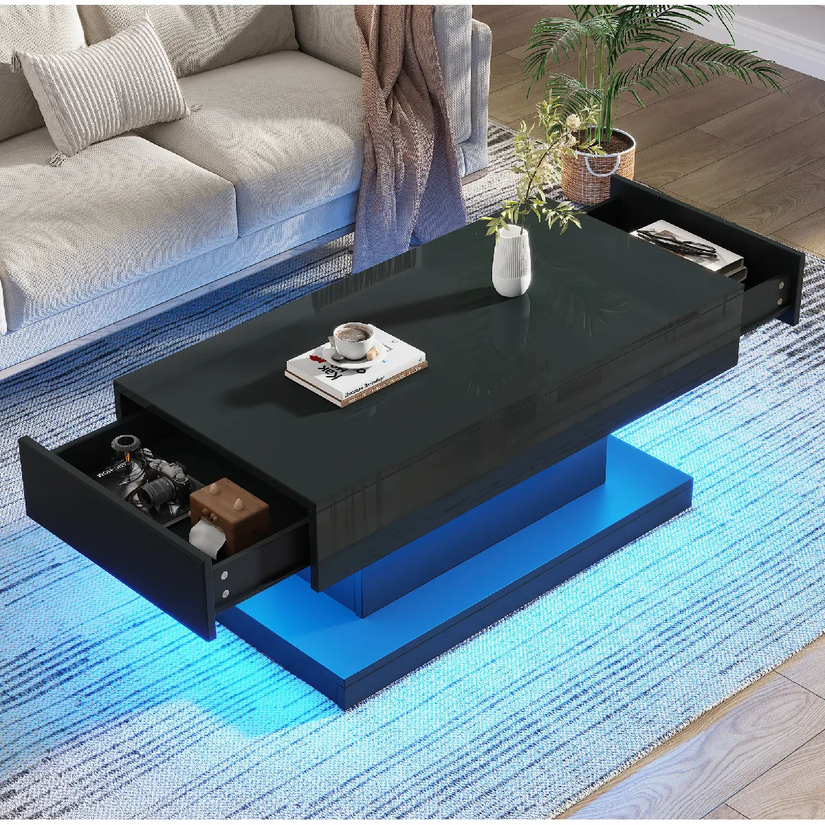 Table Basse - Meuble de Salon avec 2 Tiroirs et Éclairage LED Intégré, Noir, 100x50x45 cm