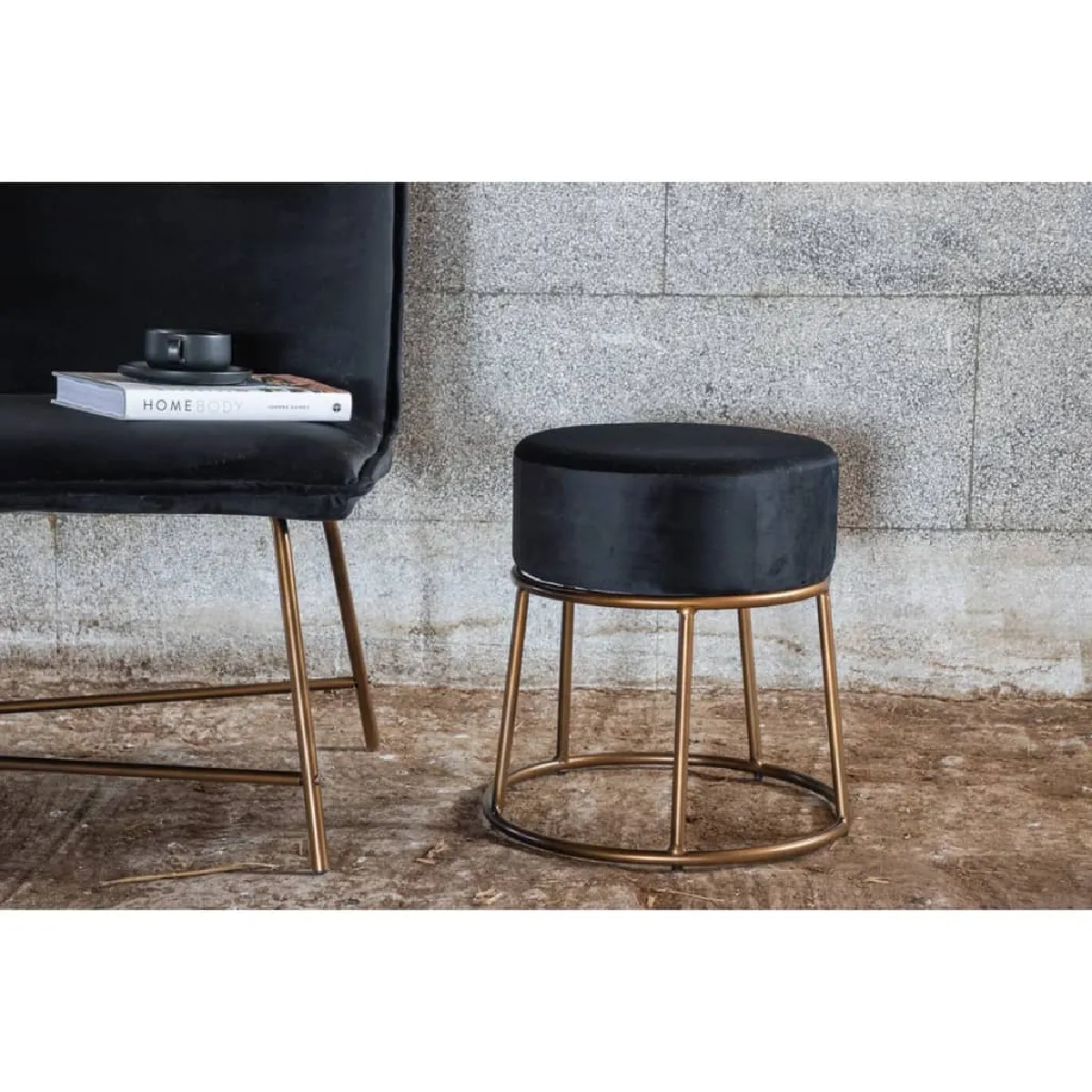 Pouf Pippi 45,5x45,5x46,5 Cm Velours Noir Et Cuivre Venture Home