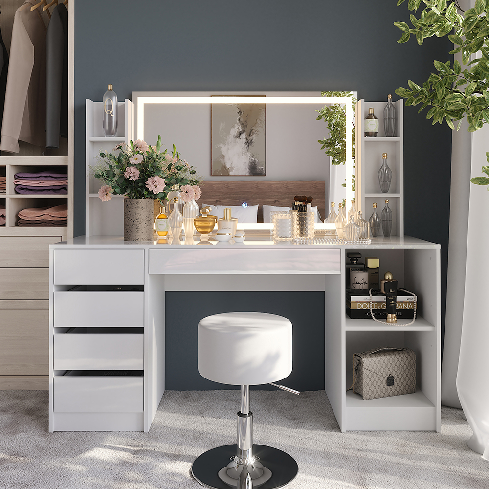 Coiffeuse Sherry, Blanc/blanc Haute Brillance, 158.2cm Avec Miroir Led Et Tabouret, Vicco