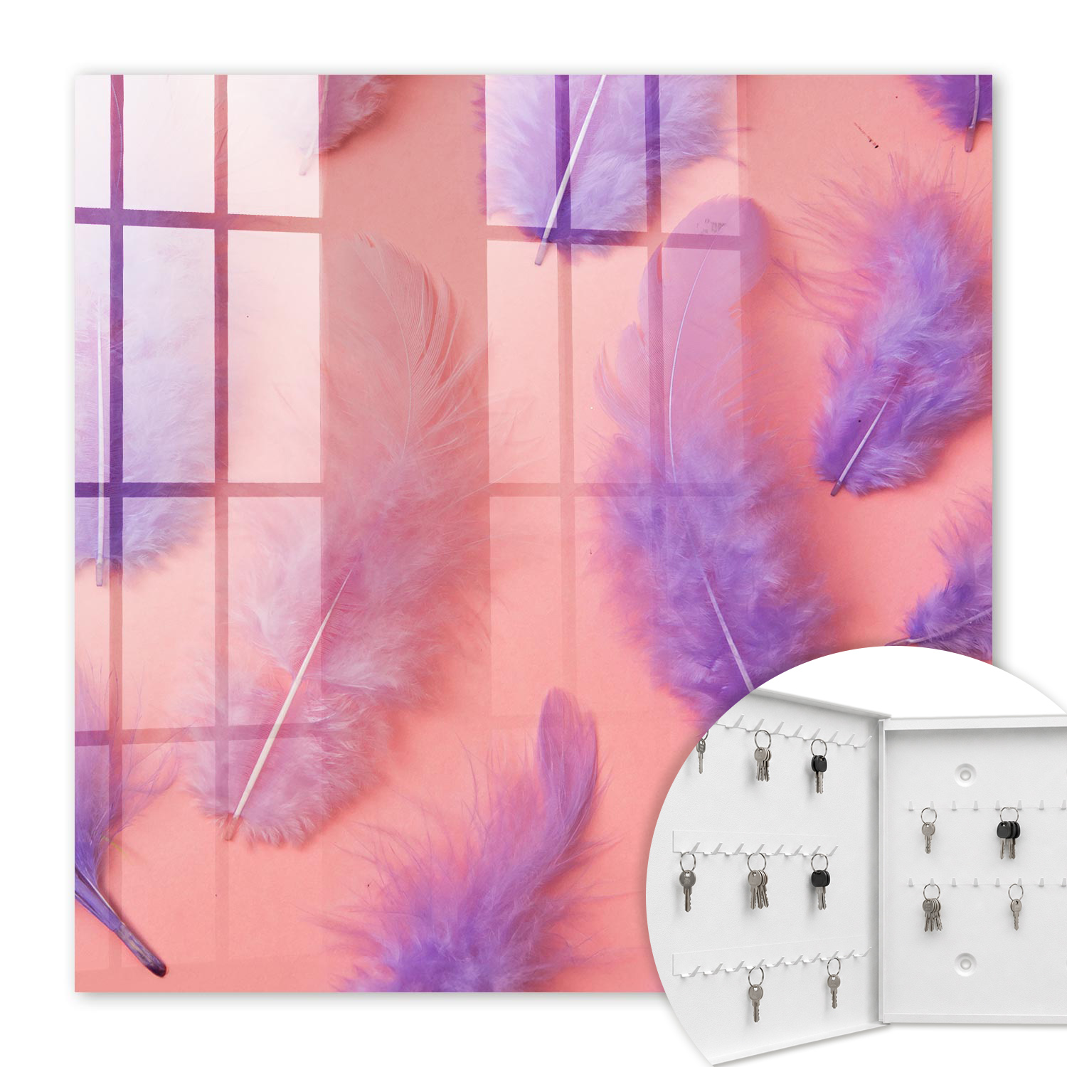 Armoire À Clés - (30 Cm X 30 Cm) - Boîte À Clés Murale - Coffret De Rangement Pour Clés - Couleur Blanche - Ouverture Vers La Gauche - Pour Maison Et Bureau - Plumes Violettes