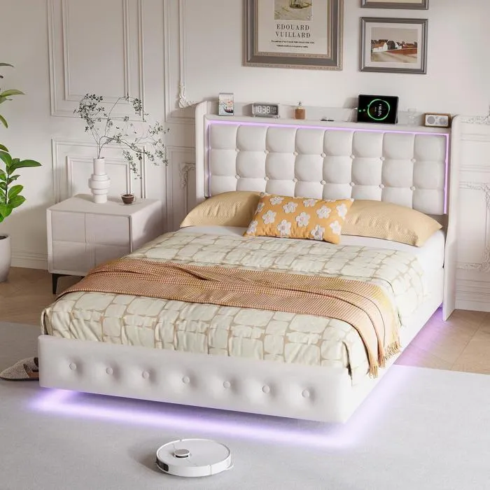 Lit 140x190cm - Lit Coffre 140x190cm - Tête de Lit LED RGB, Rangement et Port de Charge USB - Tissu Lin Gris Clair
