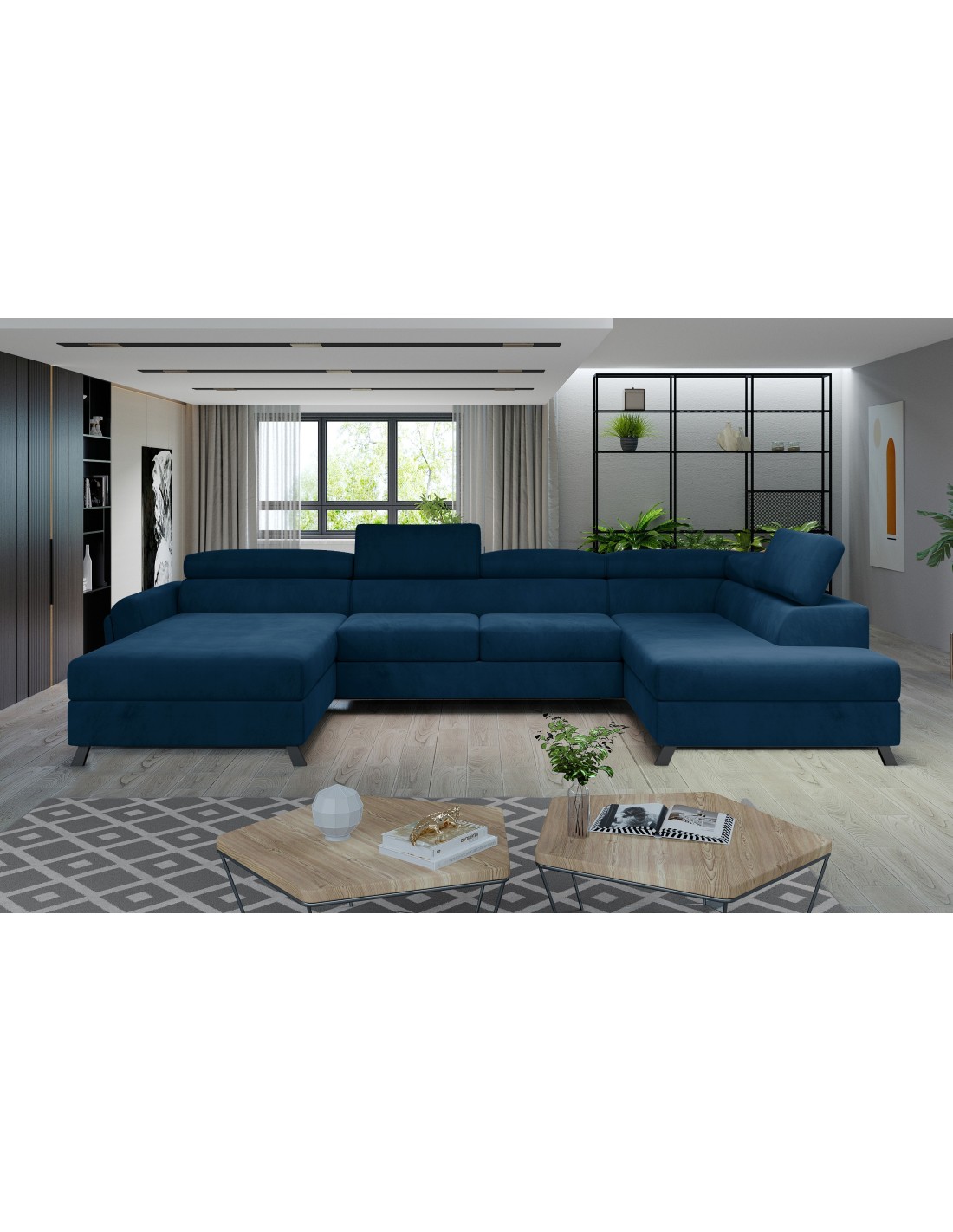 Canapé Panoramique Bleu Foncé 5 Places Angle Droit Design Moderne Clotis