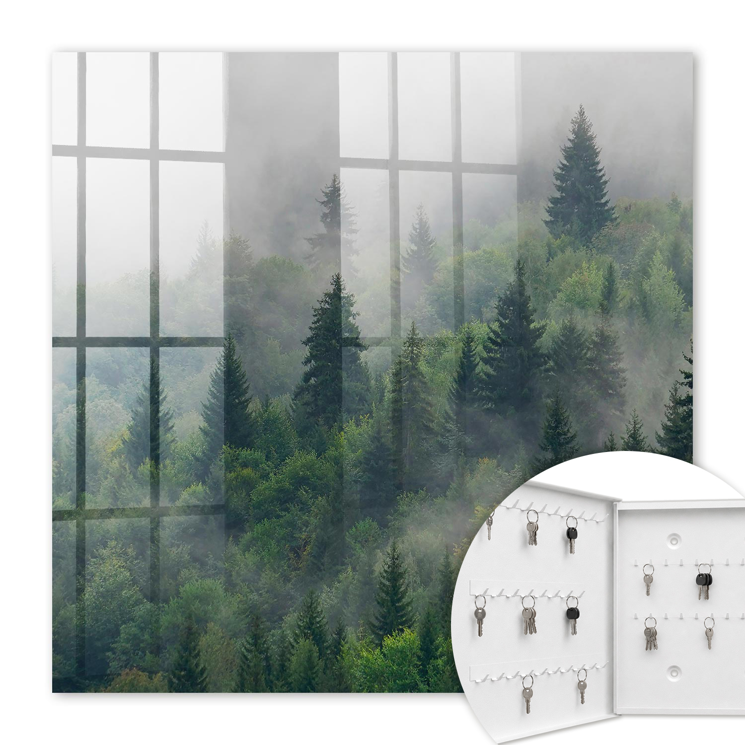 Armoire À Clés - (30 Cm X 30 Cm) - Boîte À Clés Murale - Coffret De Rangement Pour Clés - Couleur Blanche - Ouverture Vers La Gauche - Pour Maison Et Bureau - Forêt Brumeuse