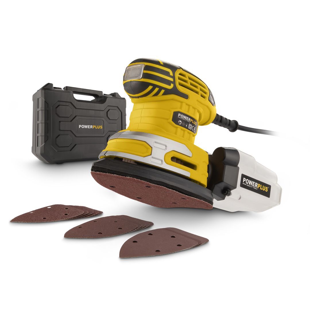 Powerplus - Ponceuse À Main Électrique Powx0481 - 220 W Ponceuse Multifonction, 15 Feuilles De Papier Abrasif, Sac De Collecte Des Poussières, Mallette De Rangement