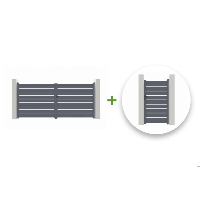 Portail battant 4m VOGEL H.180cm + Portillon 1m VOGEL H.180cm aluminium gris