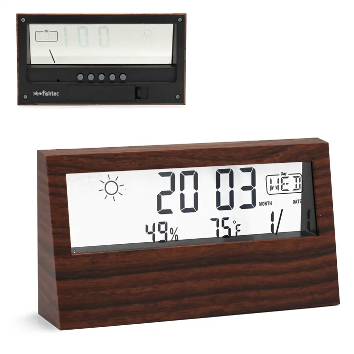 Station météo FISHTEC écran transparent motif bois température et humidité