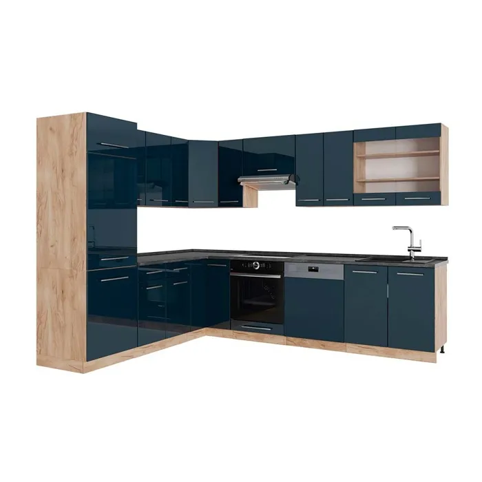 Vicco Cuisine en angle Bleu foncé brillant/Chêne de force doré 287 x 227 cm, PT Anthracite