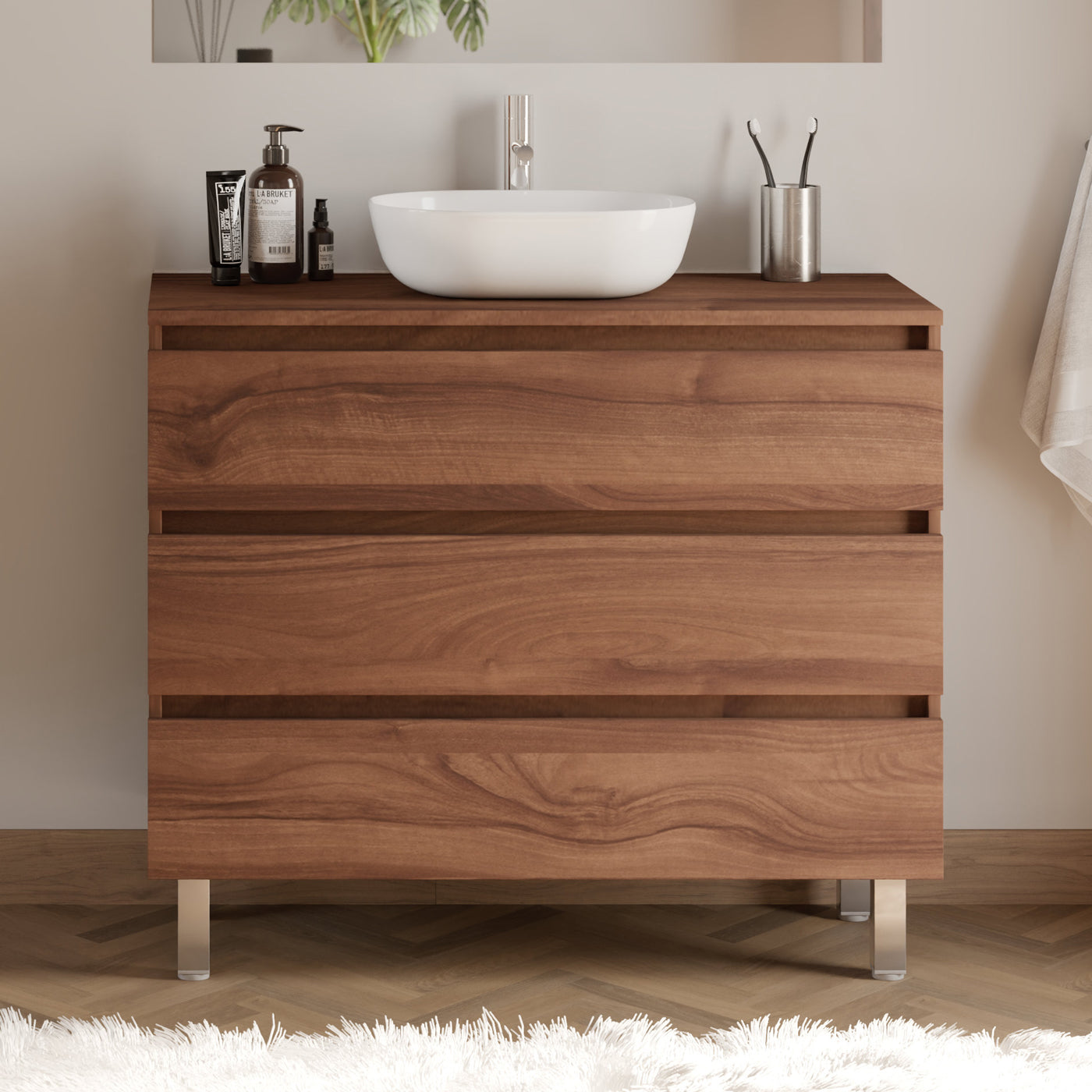 Meuble De Salle De Bain 100cm Avec Plateau Et Vasque À Poser Arrondie - 3 Tiroirs - Sans Miroir - Noyer (bois Foncé) - Mayor