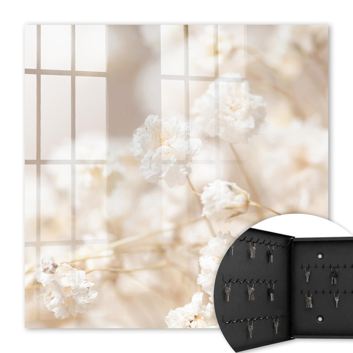 Armoire À Clés - (30 Cm X 30 Cm) - Boîte À Clés Murale - Coffret De Rangement Pour Clés - Couleur Noire - Ouverture Vers La Gauche - Pour Maison Et Bureau - Fleurs Éclatantes