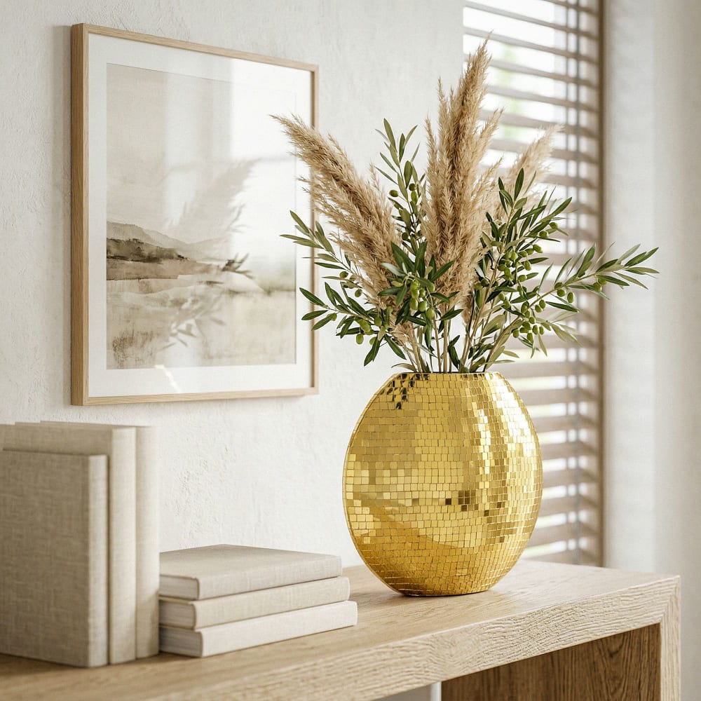 Vase De Table 40cm Métal Design Vase Fleurs Déco Maison Rond Fait Main Mosaïque Or