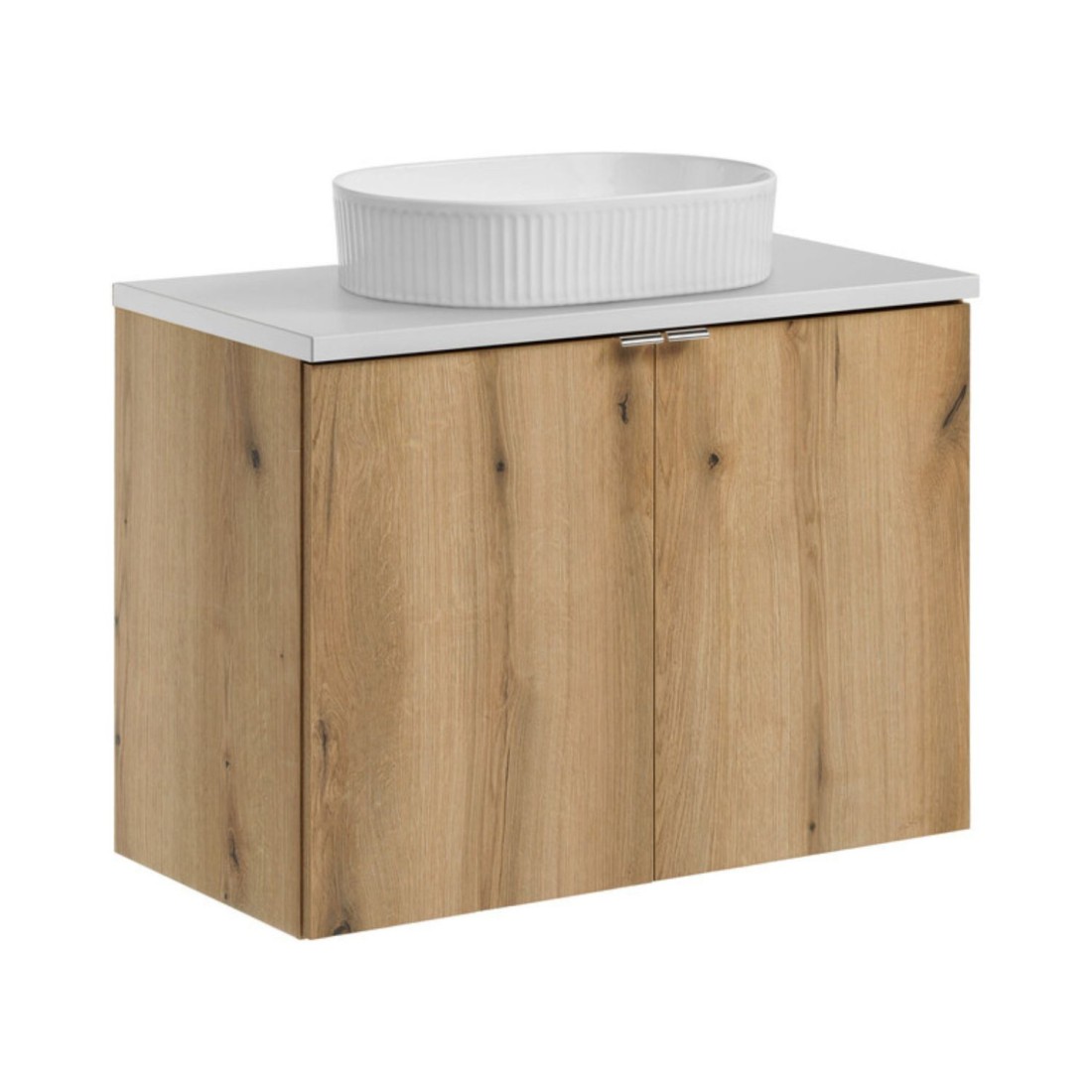 Ensemble Vano Aspect Chêne Et Blanc 80cm: Meubles Sous Vasque À Placards + Plan Pour Vasque + Vasque À Poser Rainurée Blanche