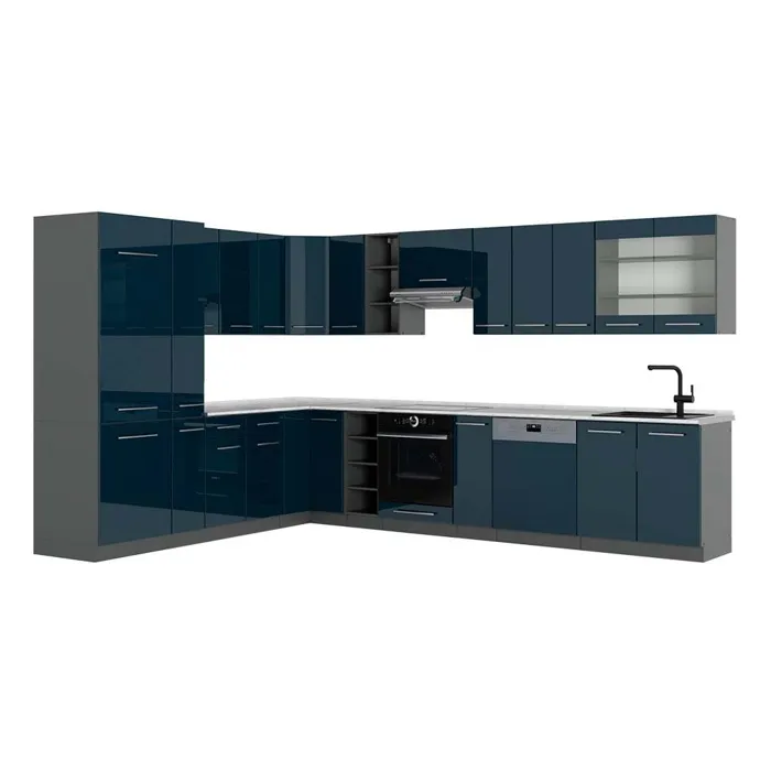 Vicco Cuisine en angle Bleu foncé brillant/Anthracite 347 x 257 cm, PT Marbre
