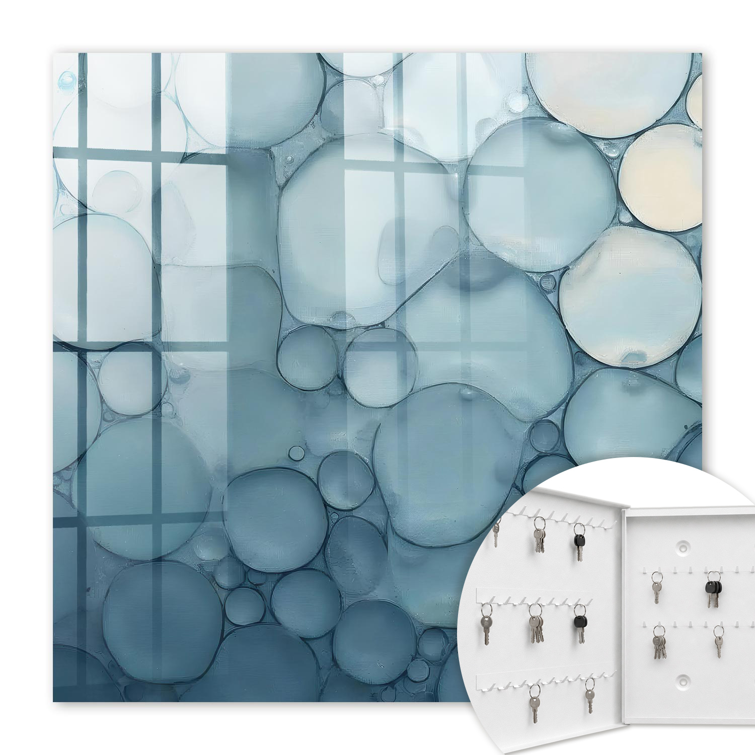 Armoire À Clés - (30 Cm X 30 Cm) - Boîte À Clés Murale - Coffret De Rangement Pour Clés - Couleur Blanche - Ouverture Vers La Gauche - Pour Maison Et Bureau - Bulles Bleues