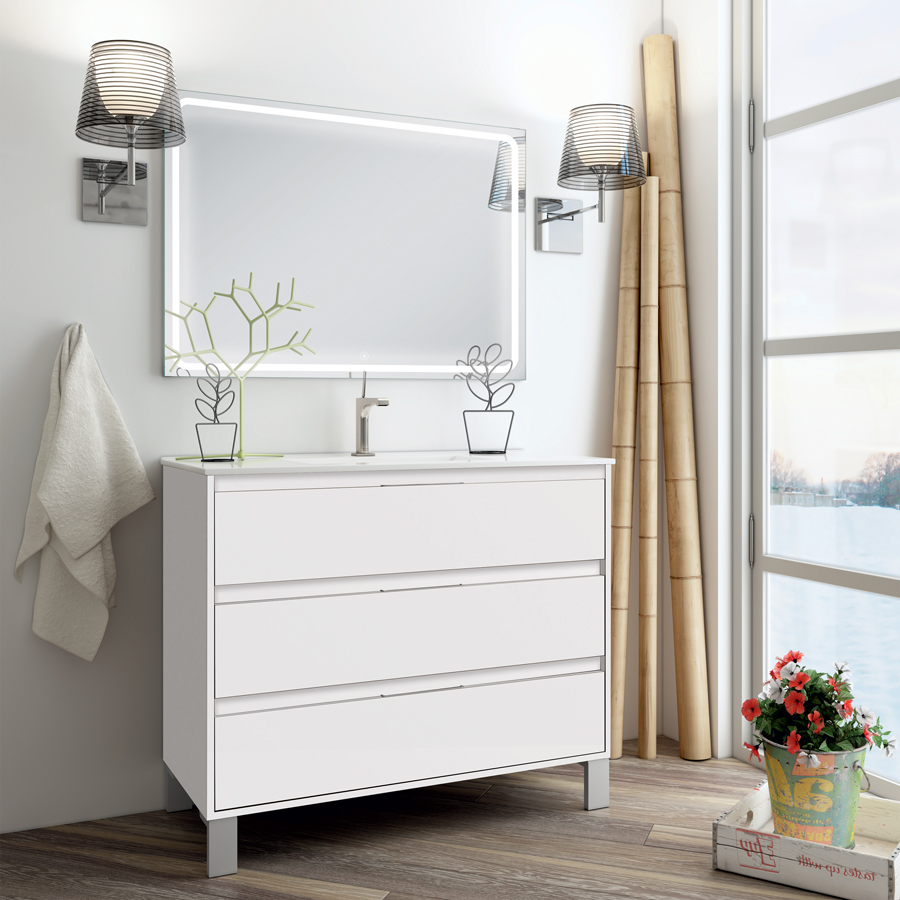 Meuble de salle de bain simple vasque 3 tiroirs TIRIS 3C et miroir Led VELDI blanc 100 cm COSYNEO SIRTIRIS100VELDIBLA