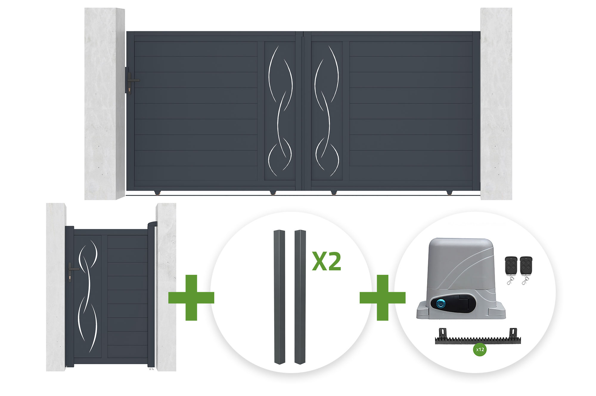 Portail Coulissant 3,5m Life H.160cmgris + Portillon 1m Life H.160cm Gris + 4 Poteaux Elda + Motorisation Ranger C300