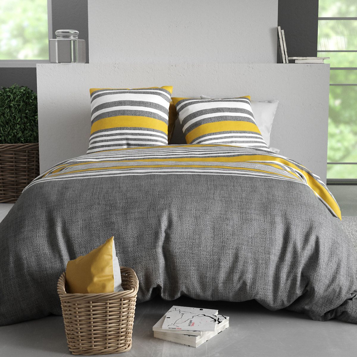 Parure Housse De Couette 240x220cm + 2 Taies Motif Rayé Gris Et Jaune 100% Coton - Story