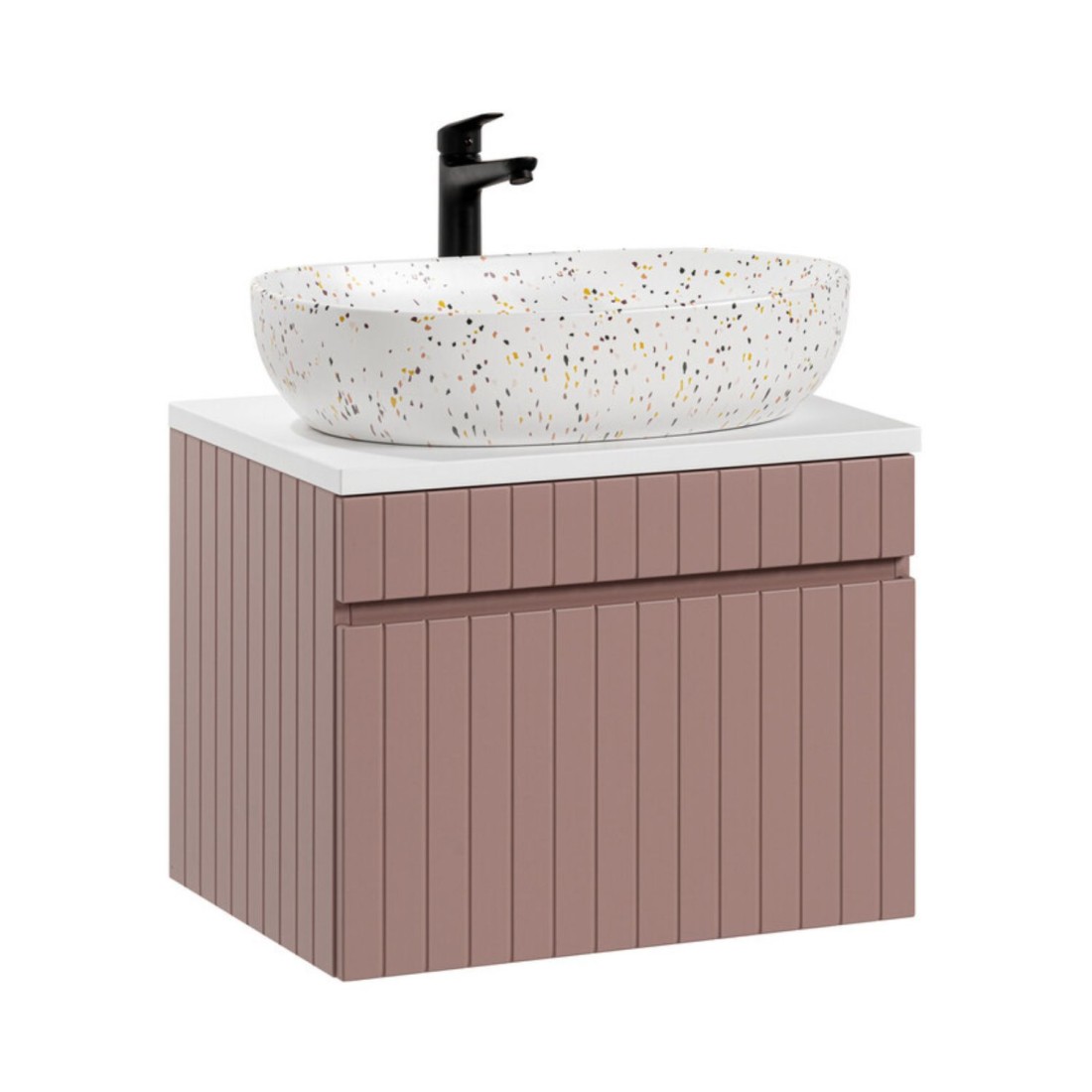 Ensemble Icon: Meuble Sous Vasque 60cm Rose Poudré + Plan Pour Vasque Blanc + Vasque À Poser Mouchetée