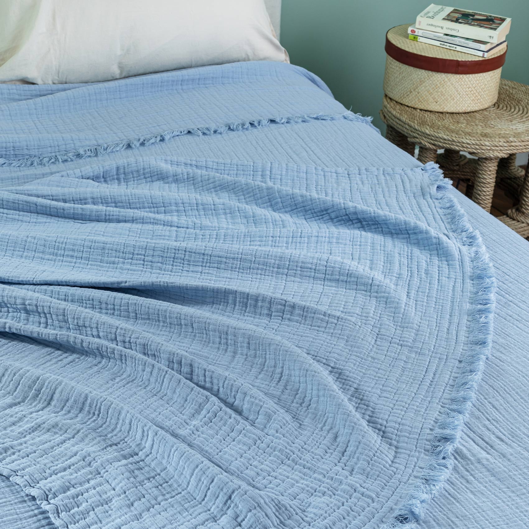 Dessus De Lit Gaze De Coton Bleu Ciel 270x250 Cm