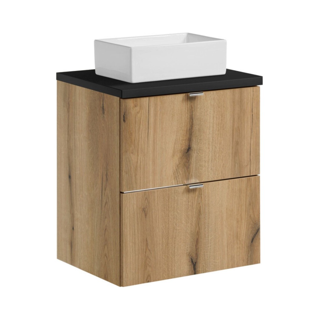 Ensemble Vano Aspect Chêne Et Noir 50cm: Meubles Sous Vasque À Tiroirs + Plan Pour Vasque + Vasques À Poser Rectangulaire