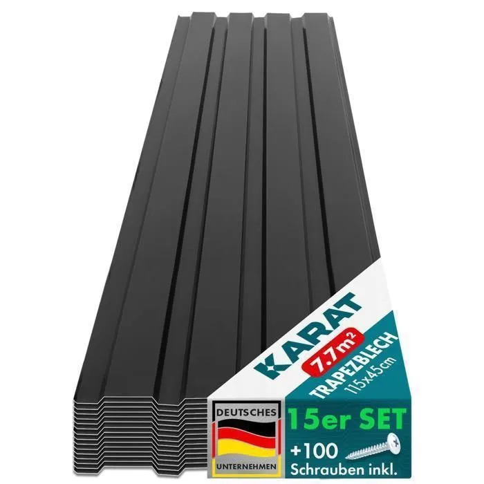 X 15 Tôles Trapézoïdale Tôles Tôle Avec Vis Épaisseur 0,25 Mm, 115 X 45 Cm, Noir