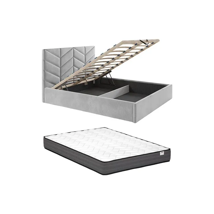 Lit coffre 180 x 200 cm - Tissu texturé - Gris + Matelas - JUSTANI