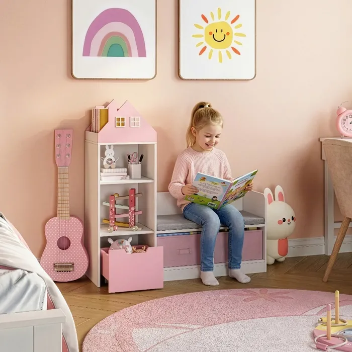 Banc pour enfant avec étagère Vipsali 100 x 99 x 30 cm blanc rose en.casa