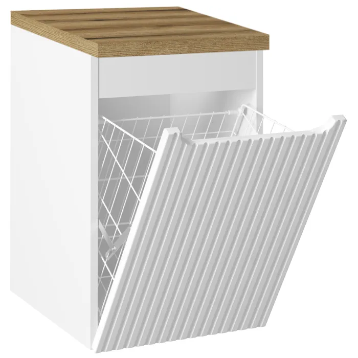 Meuble bas de salle de bain NOVA BLANC avec panier à linge et plan CHÊNE 40 cm