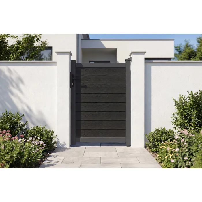 Portillon Bois Composite 1m Athos H.140cm Gris Anthracite Avec Cadre Aluminium + 2 Poteaux Eifel Aluminium 10x10cm