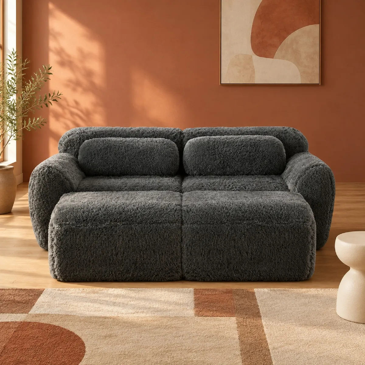 Canapé Modulable 2 Places avec 2 Poufs - Assise Moelleuse et Mousse Haute Résilience, Tissu Peluche, 204x179x73 cm - Gris