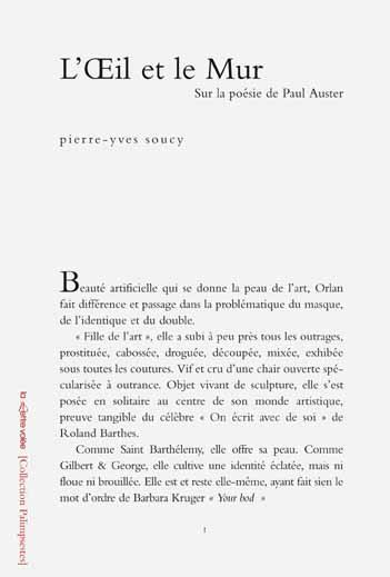L'Oeil et le Mur: Sur la poésie de Paul Auster
