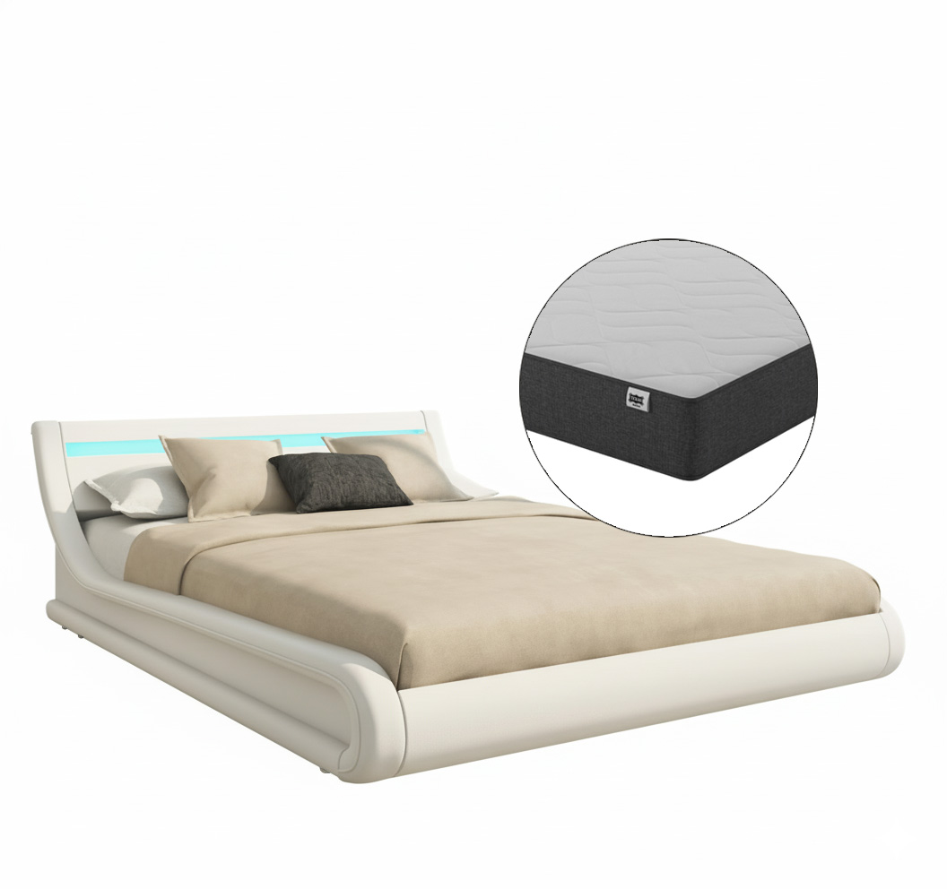 Lit Coffre Avec Matelas Texas Lit Adulte Couleur Blanc Avec Led Matériaux Bois Et Simili Cuir Coffre De Rangement Modèle Parisina 140x190cm